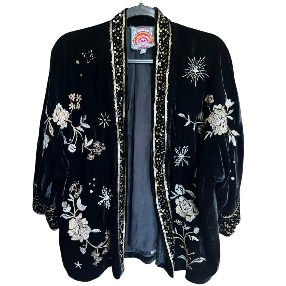 Johnny Was Ally Velvet Embroidered Sequins Kimono Black Gold Size Small